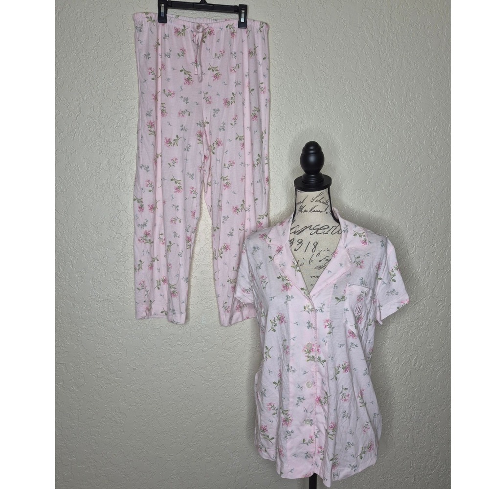 Lauren Ralph Lauren Pink Floral Pajama Set Short Sleeve Top Pants Medium
